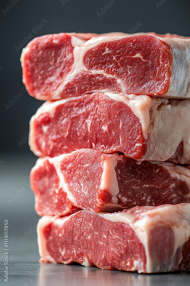 Raw beef steaks stacked in a neat pile on a dark background, ready for cooking or grilling. Raw beef steaks stacked in a neat pile on a dark background, ready for cooking or grilling.