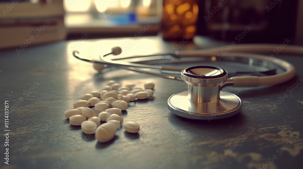 Stethoscope and pills on an empty table, representing medical care or health diversity. Stethoscope and pills on an empty table, representing medical care or health diversity.
