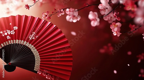 Background Featuring a Festive Lunar New Year Design with Red Paper Fans  Cherry Blossoms  and the Year  2025   Conveying a Joyful Holiday Atmosphere and Symbolizing Minimalist Holiday Decoration Art 
