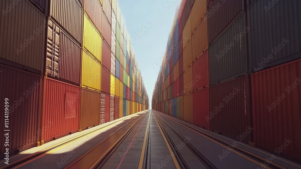Fototapeta premium High-angle shot of shipping lanes between container stacks, symmetrical lines creating visual depth, [cargo containers], [logistics efficiency]