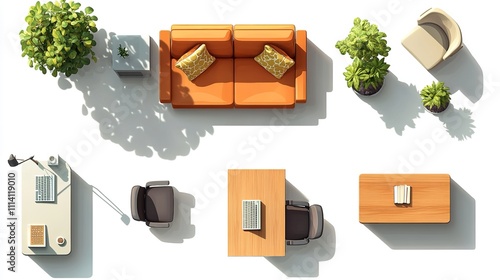 a top view of a furniture set, including a sofa, chairs, and a coffee table, all designed in a Scandinavian style with clean lines.