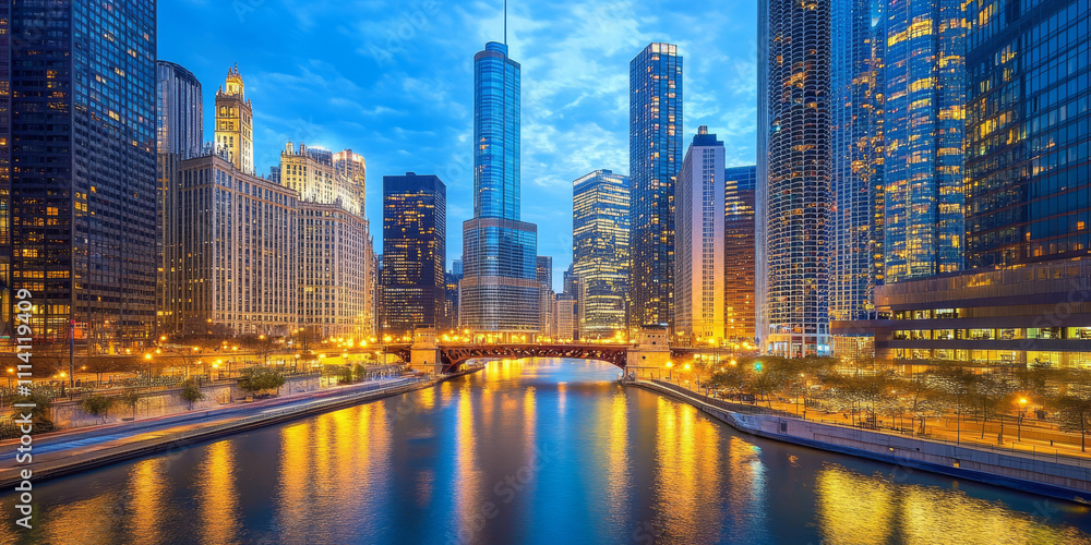 Fototapeta premium A bustling cityscape at night, with towering skyscrapers glowing brightly, a river reflecting the lights, and the energy of a metropolis alive with activity. The dynamic and modern scene feels