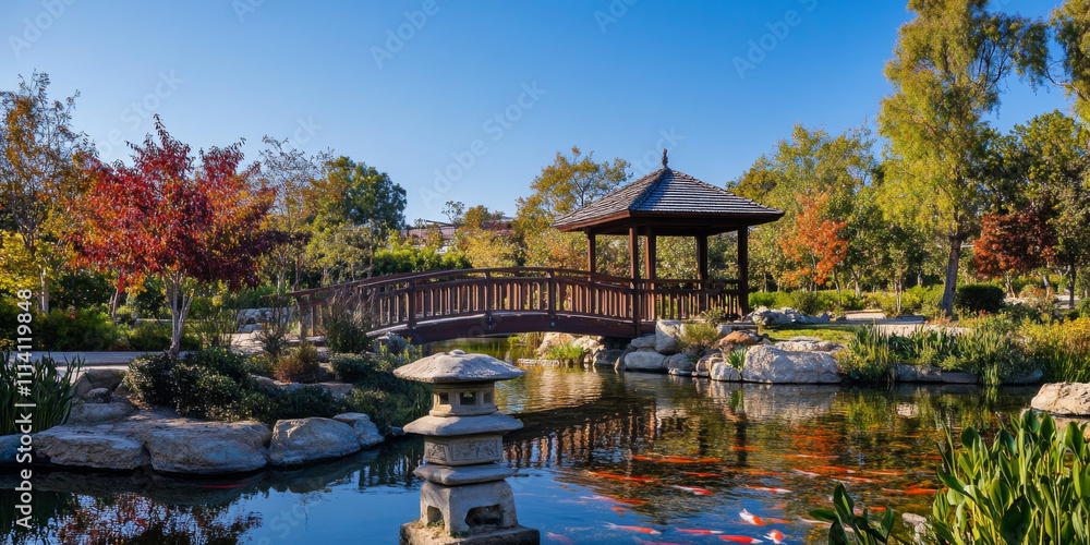 Obraz premium A tranquil Japanese garden during autumn, with vibrant red and orange leaves, a small stone pagoda, and a wooden bridge arching over a koi pond under a clear blue sky. The harmonious and peaceful