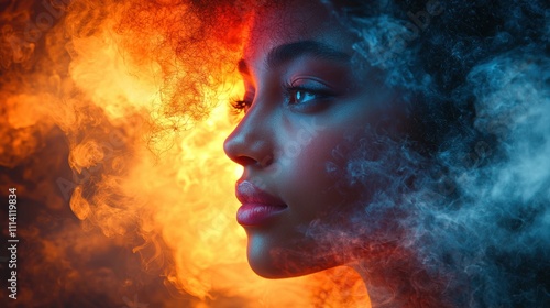 Portrait of a young woman with an afro hairstyle enveloped in vibrant swirls of fire and smoke, symbolizing strength, passion, and resilience with a dramatic artistic flair.