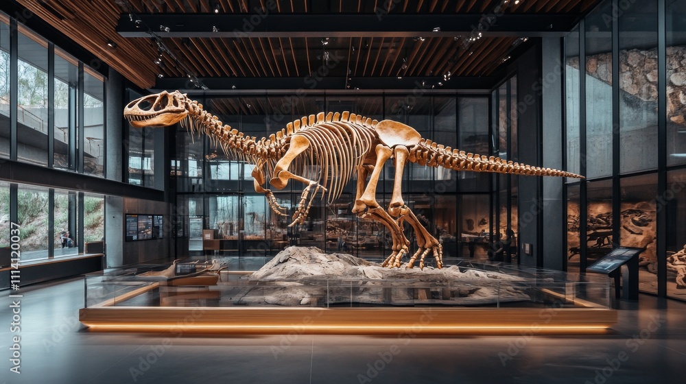 Naklejka premium Dinosaur Skeleton in Modern Museum Exhibit