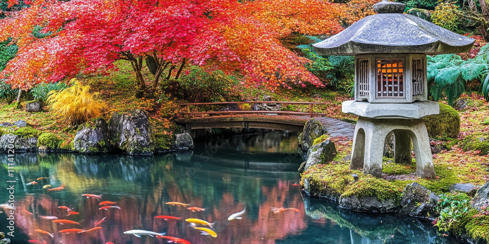 A vibrant traditional Japanese garden in autumn, with fiery red maple leaves, a stone lantern by a koi pond, and a small wooden bridge crossing over the water. The serene and cultural setting feels A vibrant traditional Japanese garden in autumn, with fiery red maple leaves, a stone lantern by a koi pond, and a small wooden bridge crossing over the water. The serene and cultural setting feels