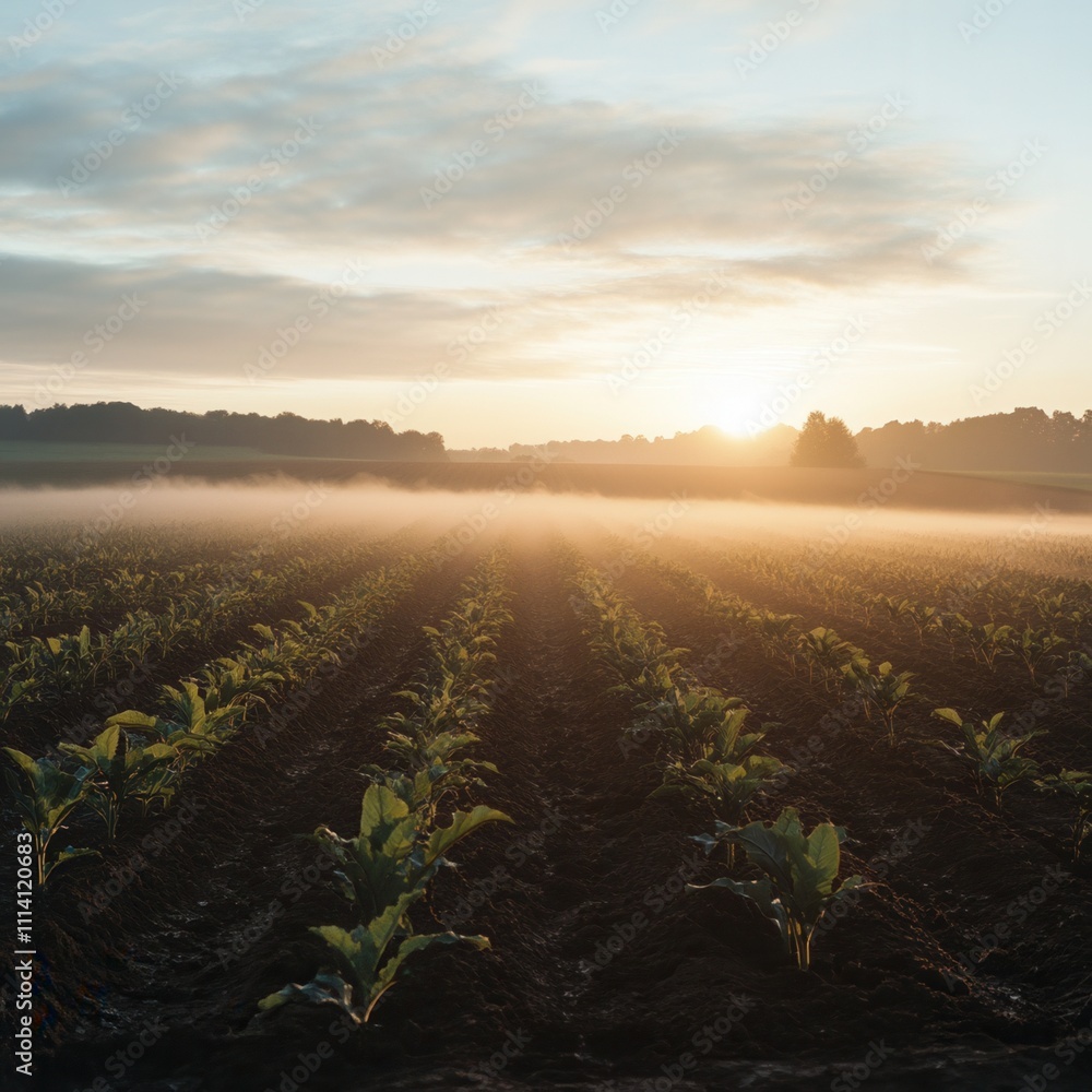 Serene sunrise over a misty crop field, nature's tranquil beauty. Serene sunrise over a misty crop field, nature's tranquil beauty.