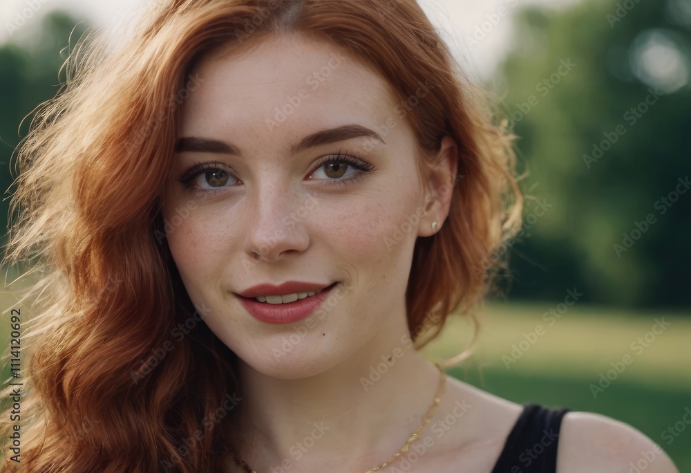 A woman with vibrant red hair is wearing a lovely heart necklace A woman with vibrant red hair is wearing a lovely heart necklace