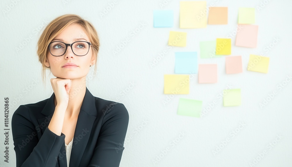Thoughtful woman in glasses contemplating creative ideas. Thoughtful woman in glasses contemplating creative ideas.