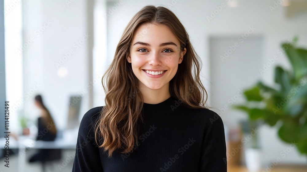 Smiling Young Woman in Bright Airy Workspace Symbolizing Modern Entrepreneurship Smiling Young Woman in Bright Airy Workspace Symbolizing Modern Entrepreneurship