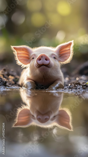 Adorable piglet enjoying a muddy puddle in nature