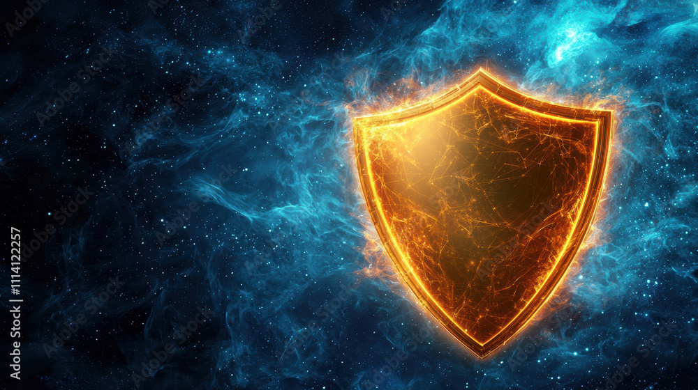 Fototapeta premium radiant shield glows against cosmic background, symbolizing protection and strength. vibrant colors create futuristic and powerful atmosphere
