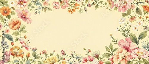 A colorful floral pattern on a light yellow background featuring intricate details and delicate petals, soft focus, colorful blooms, romantic ambiance