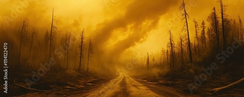 a road traverses a forest with dead trees, there is a toxic yellow mist in the air