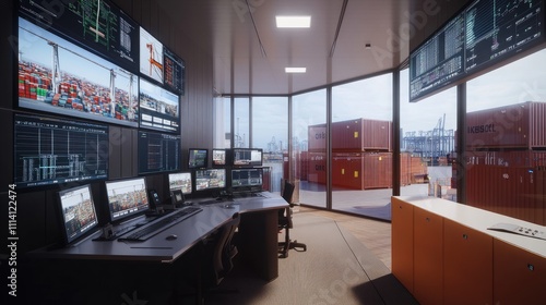 Interior view of a shipping yard control room, monitors displaying live feeds and data, [shipping yard], [management and control] photo