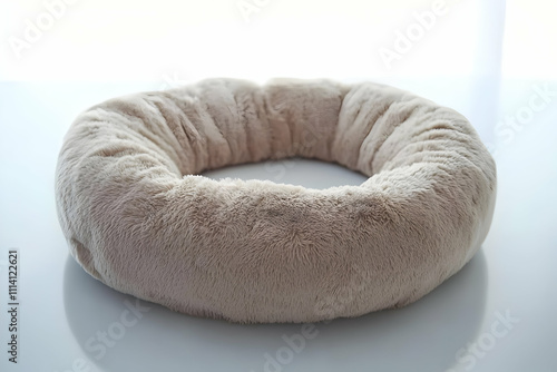 A round, plush pet bed isolated against a pristine white backdrop, perfect for pet-related designs or for showcasing pet products in advertisements.