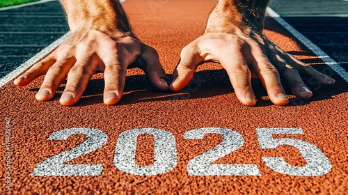 A close-up of a determined athlete's hands gripping the track, ready to launch from the 