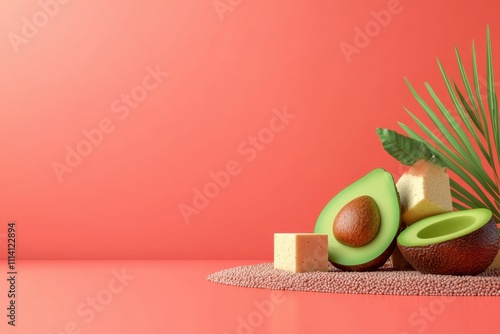 Vibrant Still Life of Avocados and Tofu on Coral Background with Palm Leaf Accents: A Minimalist Food Photography Composition photo