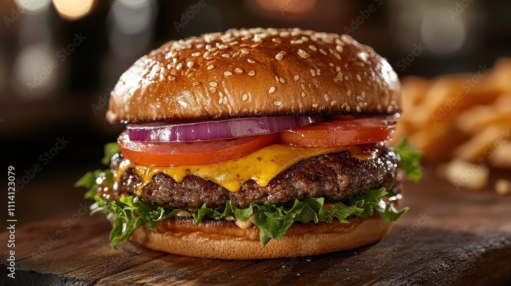 Freshly made hamburger with cheese, lettuce, and tomatoes on a wooden surface in natural light Freshly made hamburger with cheese, lettuce, and tomatoes on a wooden surface in natural light