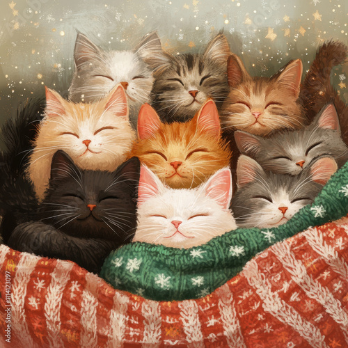 groups of different types of cat, hand drawn, cute, adorable, illustration, 2d, cozy atmosphere 