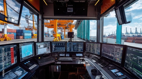 Interior view of a shipping yard control room, monitors displaying live feeds and data, [shipping yard], [management and control] photo