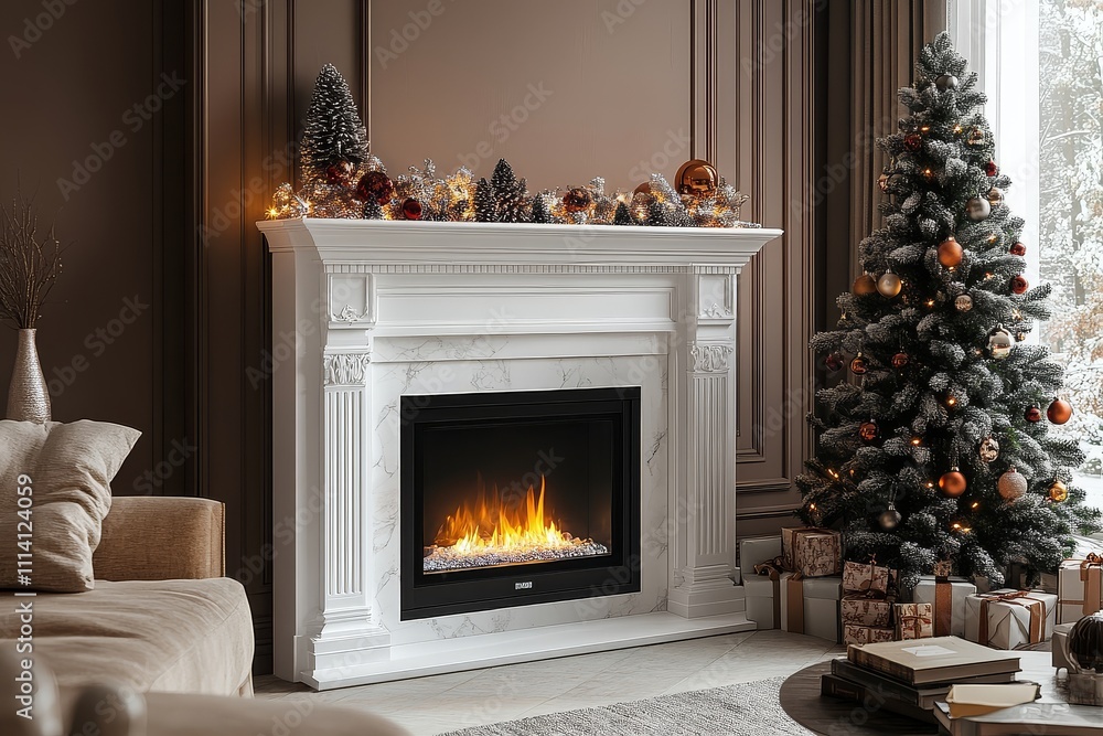 White fireplace with Christmas decorations, electric fireplace with warm light, decorated tree, beige sofa, and festive atmosphere in cozy living room. White fireplace with Christmas decorations, electric fireplace with warm light, decorated tree, beige sofa, and festive atmosphere in cozy living room.