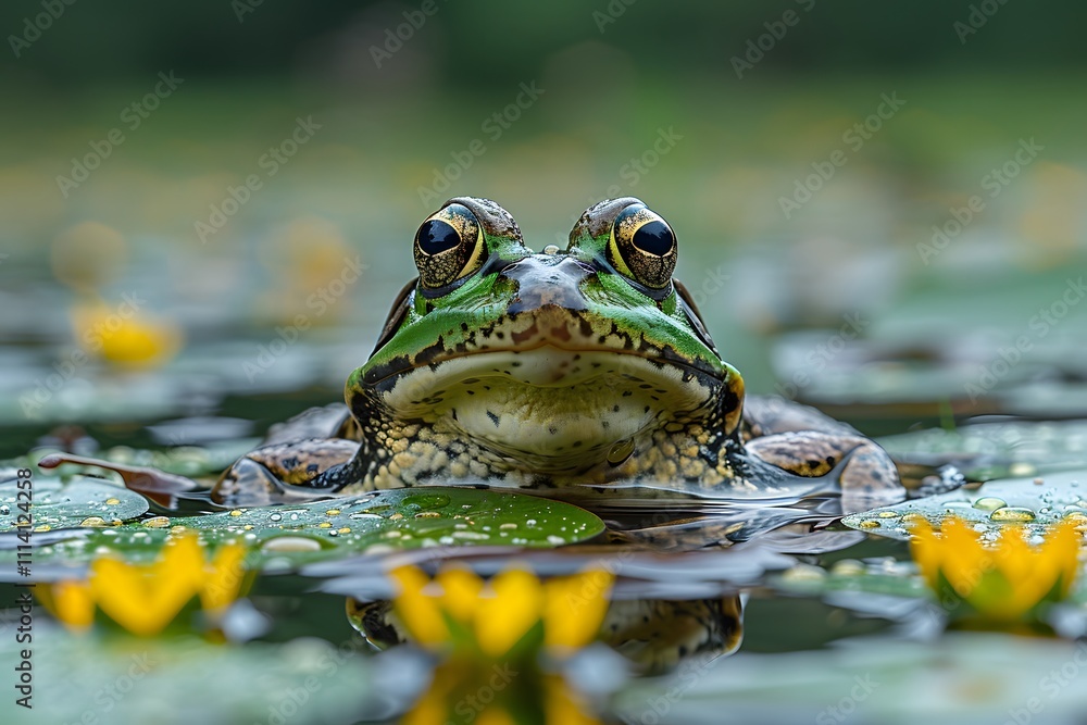 Frog Amidst Water Lilies in a Tranquil Pond Frog Amidst Water Lilies in a Tranquil Pond