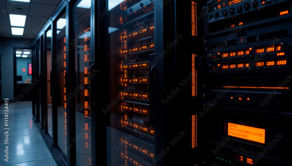High-tech data center bustling with energy and illuminated displays during a late evening High-tech data center bustling with energy and illuminated displays during a late evening