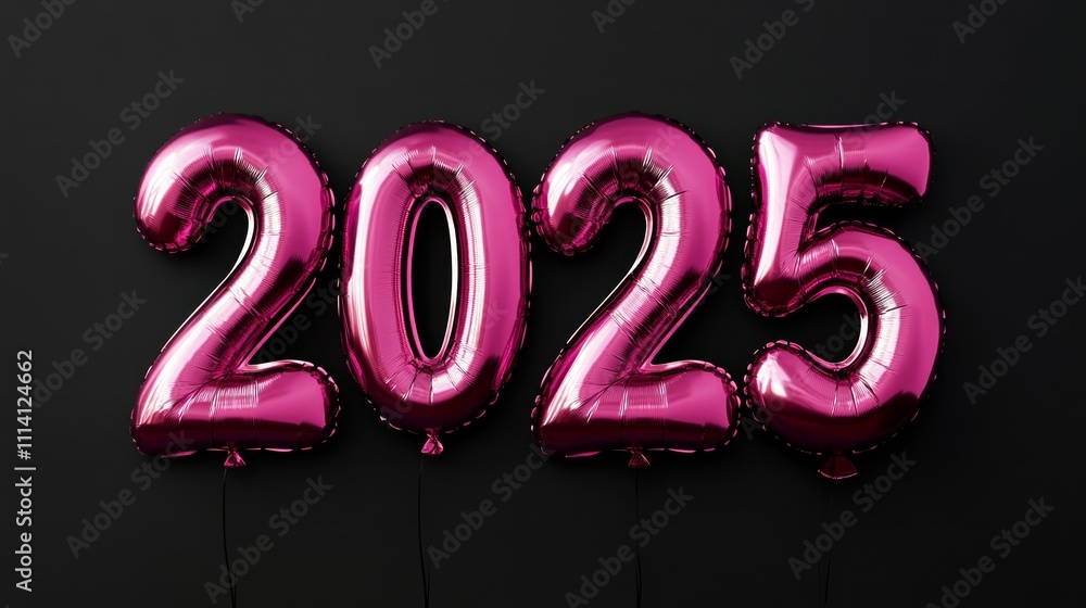 Pink and purple balloons with the words 2025 on a black background Pink and purple balloons with the words 2025 on a black background
