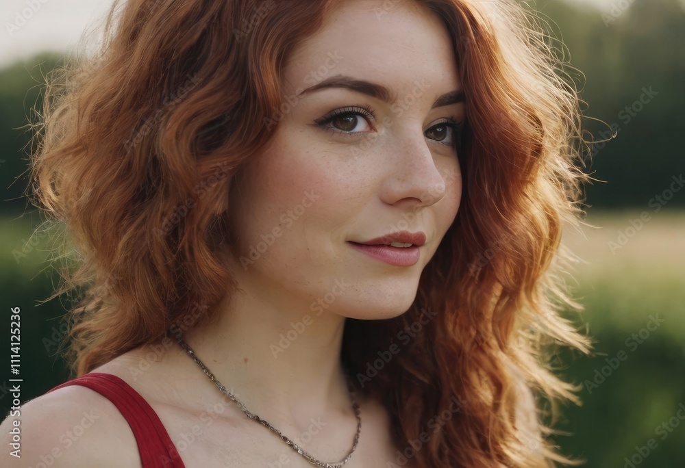 A woman who has beautiful red hair is wearing a lovely necklace