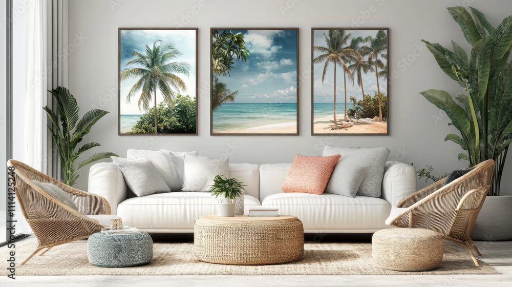the 3D render of a bohemian-style living room interior featuring a mockup poster frame, complete with rustic and tropical elements. the 3D render of a bohemian-style living room interior featuring a mockup poster frame, complete with rustic and tropical elements.