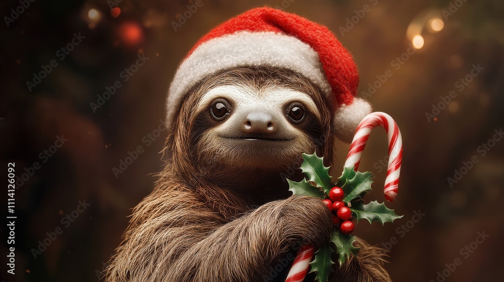 A cheerful sloth wearing a Santa hat, holding a candy cane adorned with holly, perfect for festive and holiday themes. A cheerful sloth wearing a Santa hat, holding a candy cane adorned with holly, perfect for festive and holiday themes.