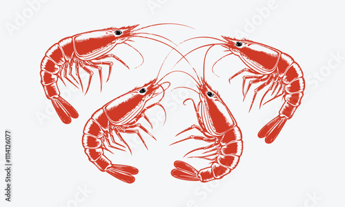 A set of four black-and-white shrimp vector illustrations, a set of Shrimp Silhouette vector icon Seafood logo, easily editable.