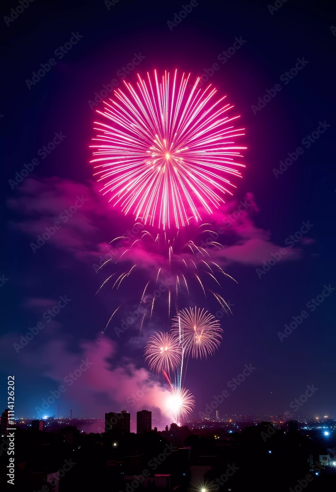 Vibrant Pink Fireworks Exploding Against a Night Sky Over Cityscape Vibrant Pink Fireworks Exploding Against a Night Sky Over Cityscape