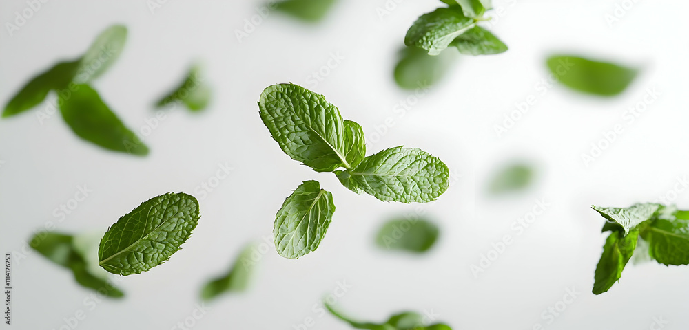 A cluster of mint leaves caught in mid-air, creating a dynamic motion against a white backdrop, symbolizing freshness, vitality, and the uplifting nature of mint.