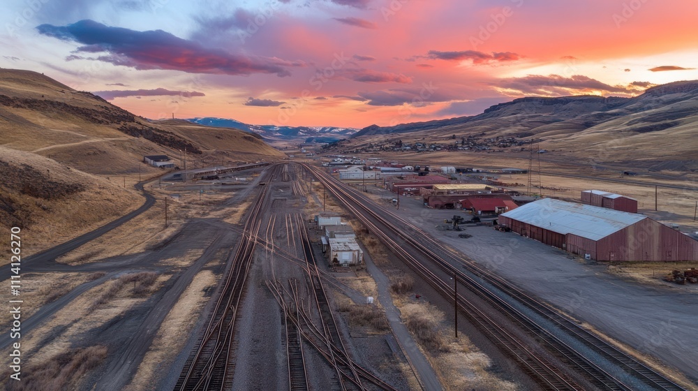 Scenic Sunset Over Railroad Tracks And Mountain Valley Scenic Sunset Over Railroad Tracks And Mountain Valley
