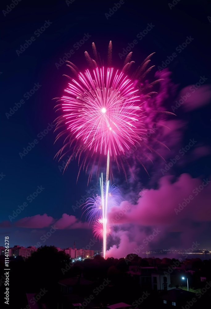 Vibrant Pink Fireworks Exploding Against a Night Sky Over Cityscape Vibrant Pink Fireworks Exploding Against a Night Sky Over Cityscape