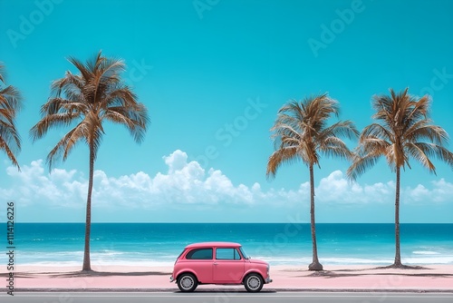 A car drives along the coast, with the sea and palm trees in the background, side perspective