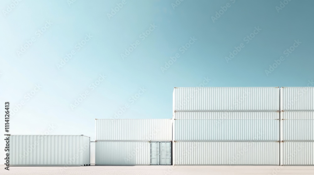 Obraz premium Minimalist view of stacked white cargo containers, clean lines and neutral tones, [cargo containers], [modern aesthetics]