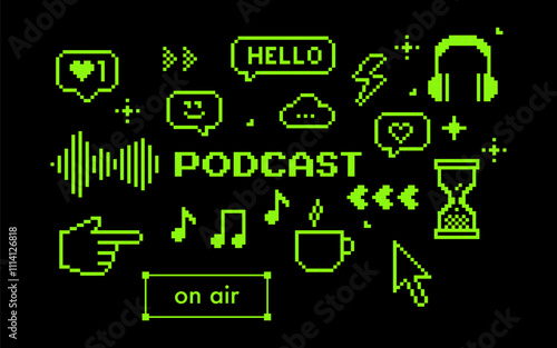 Y2k radio podcast pixels vector element set. Music and voice pixel art icons. Hello, music note, smile face, cup of coffee. Game abstract acid green elements. Modern geometric shape. Black background