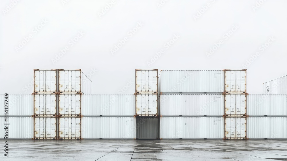 Fototapeta premium Minimalist view of stacked white cargo containers, clean lines and neutral tones, [cargo containers], [modern aesthetics]