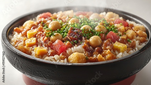 Delicious steaming rice dish, served in a black bowl on a plain background.