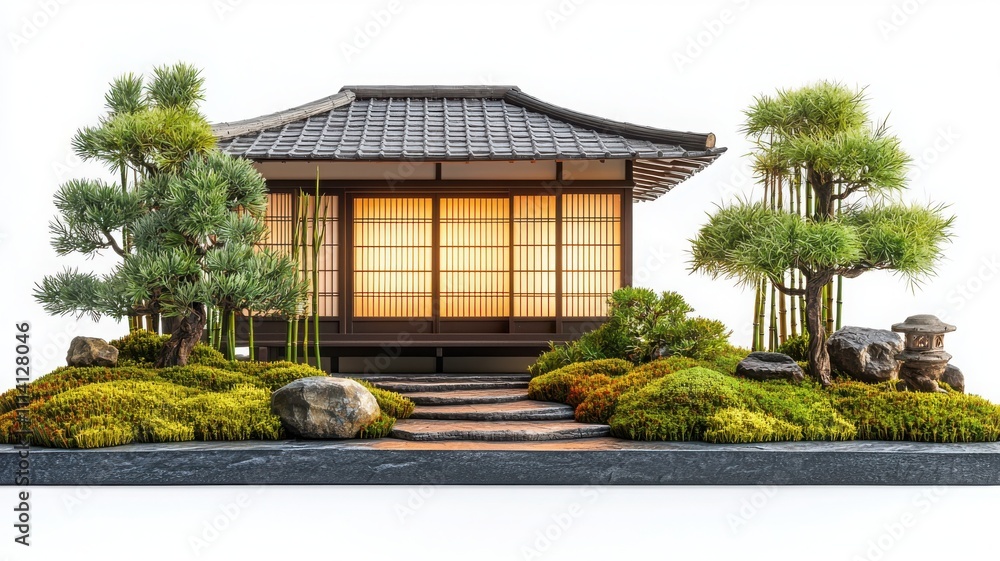 Japanese garden house with natural elements, surrounded by greenery and stones. Japanese garden house with natural elements, surrounded by greenery and stones.