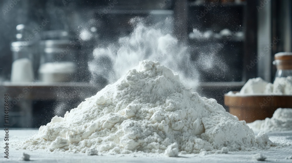 Large pile of white flour is sitting on a white background, making a mess Large pile of white flour is sitting on a white background, making a mess