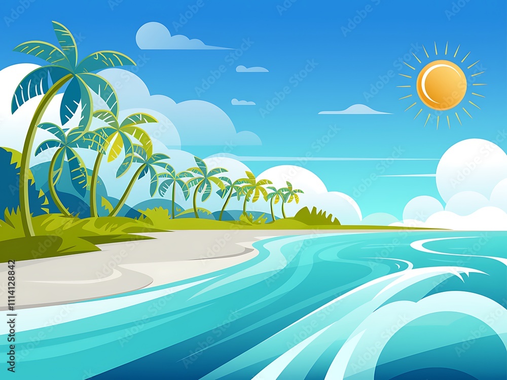 Tropical Beach Scene With Palm Trees And Ocean Waves Tropical Beach Scene With Palm Trees And Ocean Waves