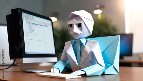Origami art of a software engineer at work, a folded paper figure seated in front of a computer, crafted with white and light blue paper for the figure, and a realistic office background.