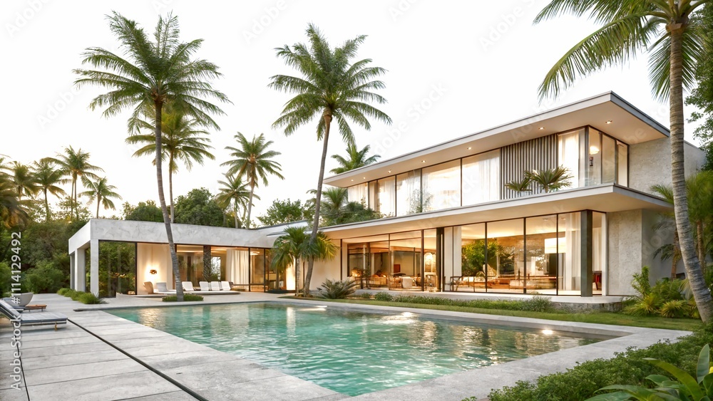 Fototapeta premium Exterior of amazing modern minimalist villa with large swimming pool among palm trees