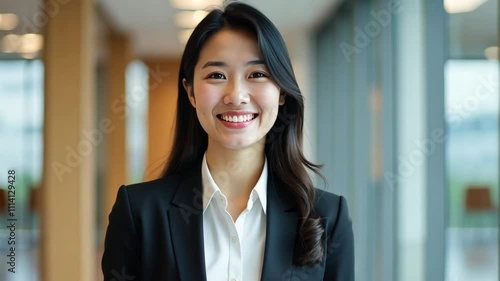 A young Asian office worker woman is looking at the camera and smiling