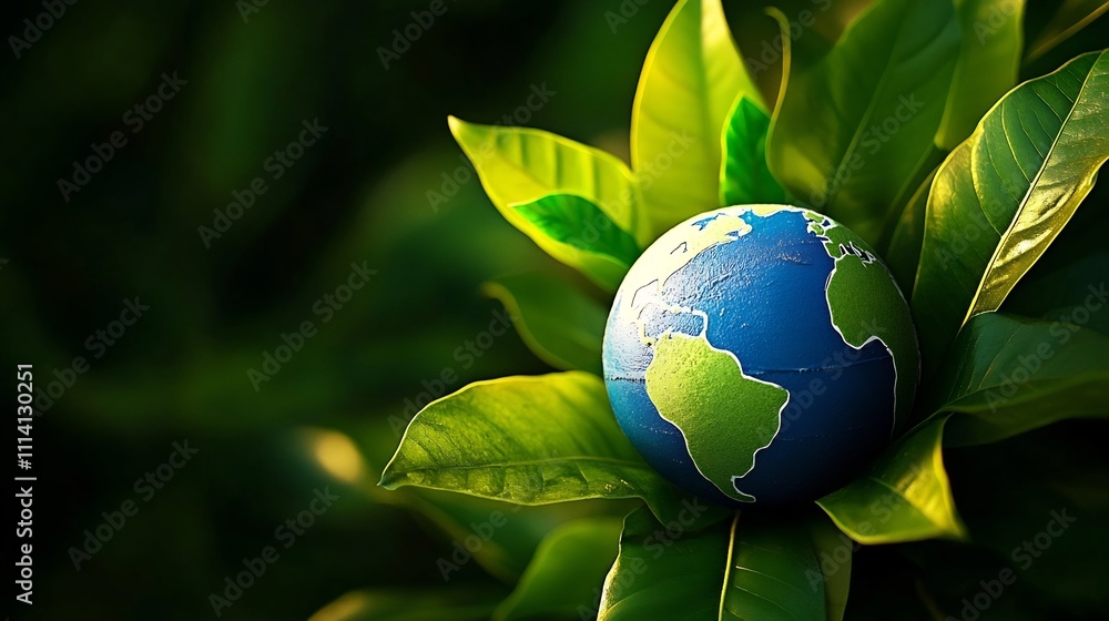 Global Environmental Sustainability Symbolized by Lush Green Leaves Surrounding a World Globe Global Environmental Sustainability Symbolized by Lush Green Leaves Surrounding a World Globe
