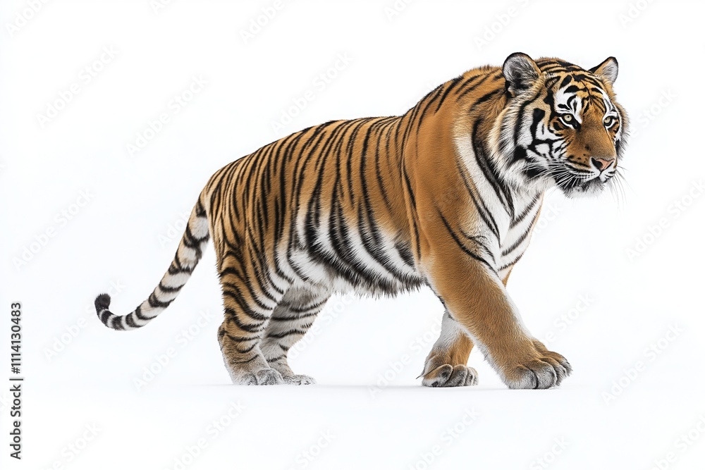 Studio photo of a tiger isolated against a white background. Wildlife and conservation concept, space for copy. Studio photo of a tiger isolated against a white background. Wildlife and conservation concept, space for copy.